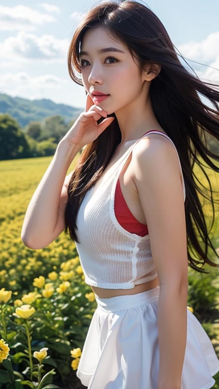 a lot of details, (slender waist), 30 years old, detailed black hair, beautiful detailed hair, super fucking beautiful, complex details beautiful and delicate eyes, perfect hands, (small breasts best quality), perfect and delicate limbs, detailed skin, best quality, ultra-detailed,
(A very delicate and beautiful girl is flying in the sky. She has a very delicate and beautiful face:1.2), (full body:1.2), from below, posing, long hair floating everywhere, happy, (yellow shirt:1.1), (red high low skirt:1.1), beautiful blue sky and white clouds, (The castles are on the clouds:1.3),
