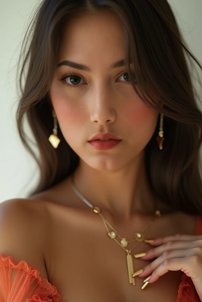 Woman , long straight hair in dark brown color, brown eyes and fair skin. Wear bright red lipstick, with the background of a light gray wall and she is wearing a modest red long dress with sleeves. She is wearing a gold necklace and earrings.