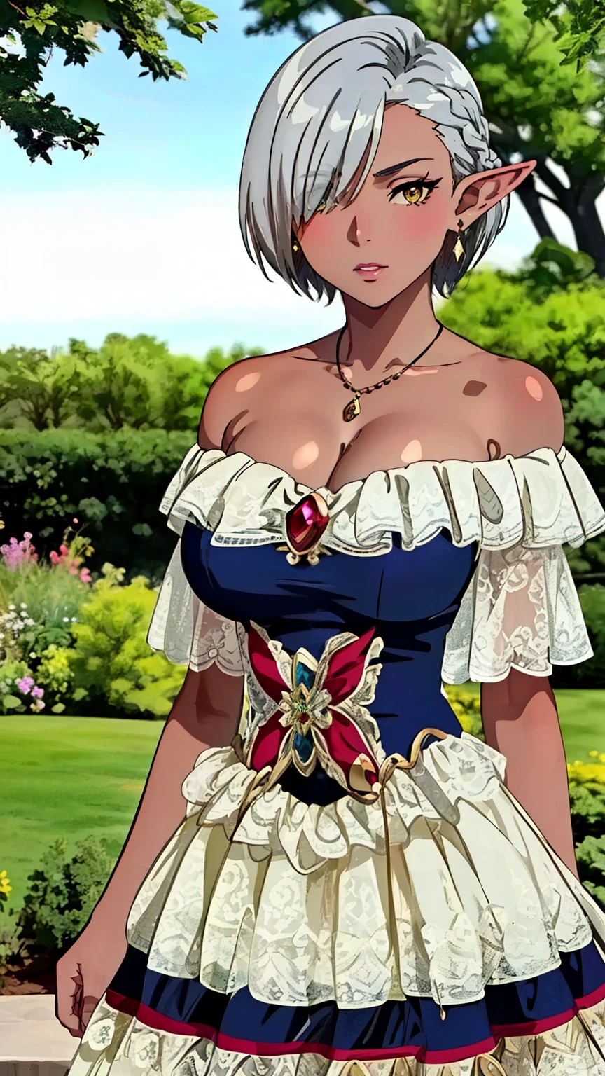 (Top quality, masterpiece, 8k), (Realistic skin texture), (anime coloring), very detailed, perfect hair style, beautiful eyes, perfect eyes, detailed eyes, perfect eyebrows, perfect face, detailed face, perfect hairstyle, ultra-detailed, detailed eyes, symmetrical eyes, (dynamic angle), sharp detailed, 1 girl, dark elf, (dark skin), (mature face:1.4), silver hair, short hair, (glamour), (large medium breast:1.1), yellow eyes, (false eyelashes), hair over one eye, (pink lower lip), solo, nffsw, (blue dress, off shoulder dress, lace-trimmed dress, bare shoulders, frills), earrings, pendants, (garden), (cowboy shot:1.3), looking at the viewer, dutch angle,
