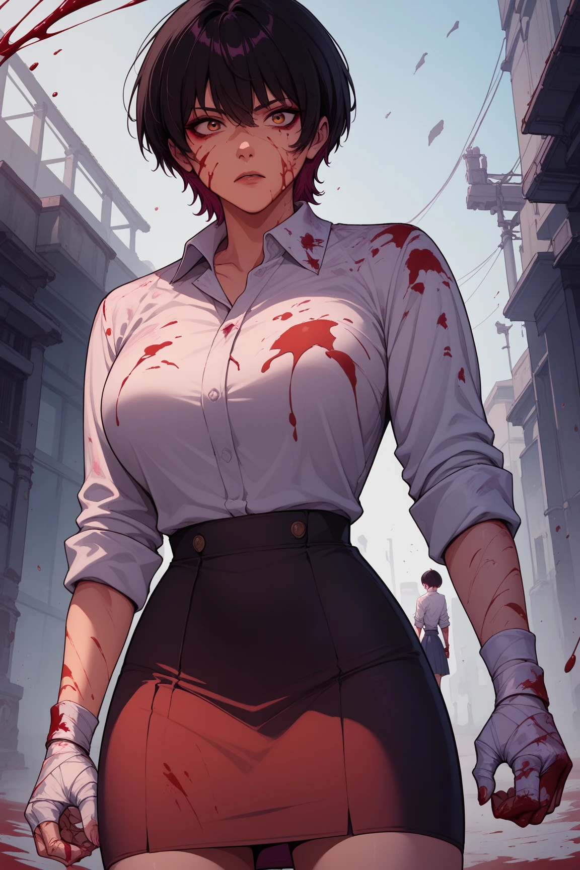 Zombie World,Wasteland style,Doomsday style,Blood,Blood,沾满Blood的衣服,Zombie girl,Zombie girl,fester,rot,ruins背景,ruins背景,City背景,Zombie background,Horror backgrounds,City街道上的Zombie Girl,Close-up above the waist,Light and Shadow,illumination,ruins,City,Modern City,Nurse uniform,Ragged clothes,破烂Nurse uniform,Close-up above the waist,Upper body close-up,Zombie Girl,Wound,Body sutures,Pale skin,Bloodless skin