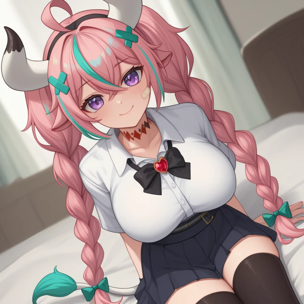 little dragon girl, she is nalgona, she has big breasts, her hair is a mix of red and pink.