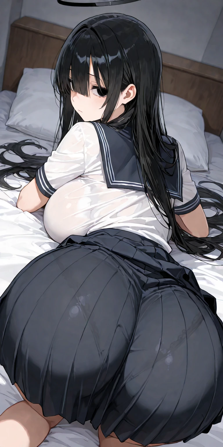Anime woman enormous bloated pregnant belly, huge breast, huge butt, white bra, pov on top