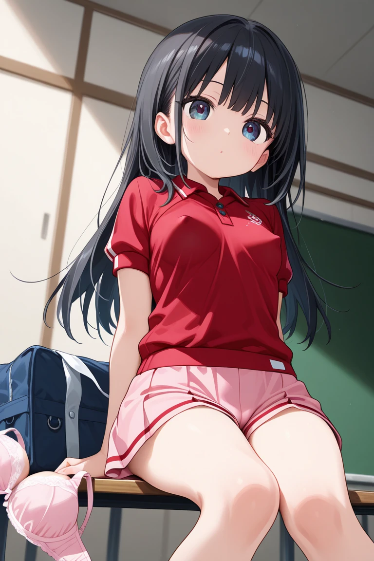 yukimi, 10., long hair, dull bangs, flat chest, No expression, shy, whole body, highest quality, (randoseru backpack:1.4), school classroom、In underwear、angle from below、kneel down、(small area white panties:1.4)、(masturbation:1.4)、(put your hand inside your pants:1.4)、Striped pattern、embarrassing、Transparent、