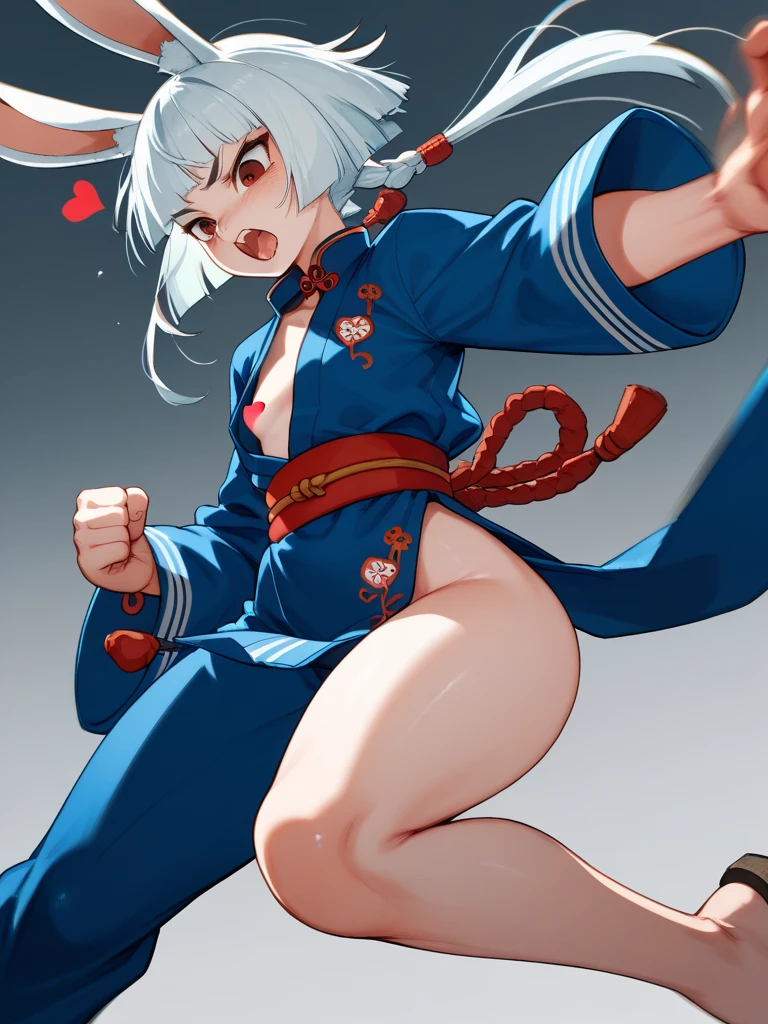 Teenage American girl with short blonde hair covering her forehead, light blue eyes, slim build, wearing a white kung fu suit with red details, a long red ribbon at her waist, with white bandages tied around her hands and feet, in a battle position, with a strong and determined look, full of anger, in a Japanese garden.
