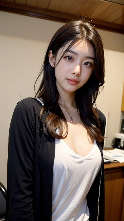((best quality, 8K, Original Photography :1.3)), 1 Girl, Pretty woman with emphasized slim abdominal muscles :1.3, (Feel free to hairstyle, Huge cleavage :1.2), school uniform :1.2, Ultra-fine face, delicate eyes, Double eyelids