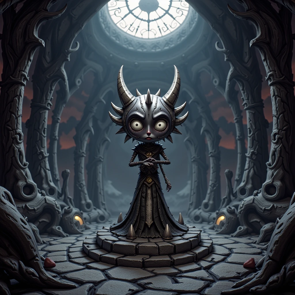 woman in red low-cut dress, black hair, Round face, Sculptural body, big green eyes, entering the gates of hell, The atmosphere is desolate and terrifying., there is fire everywhere, bones skulls and gargoyles, Gothic architecture, large arches