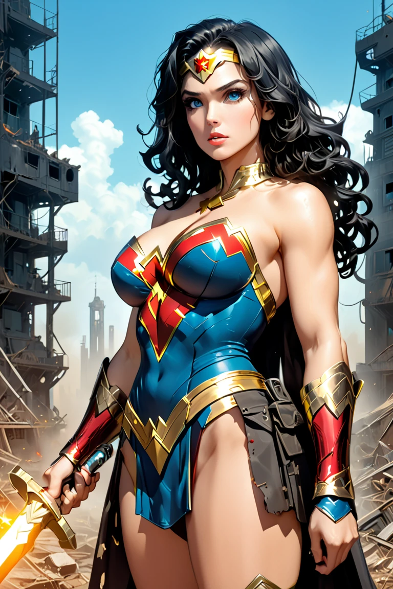 Wonder Woman in cyborg and cyberpunk look in an alley, de nuit, lit by neon lights.