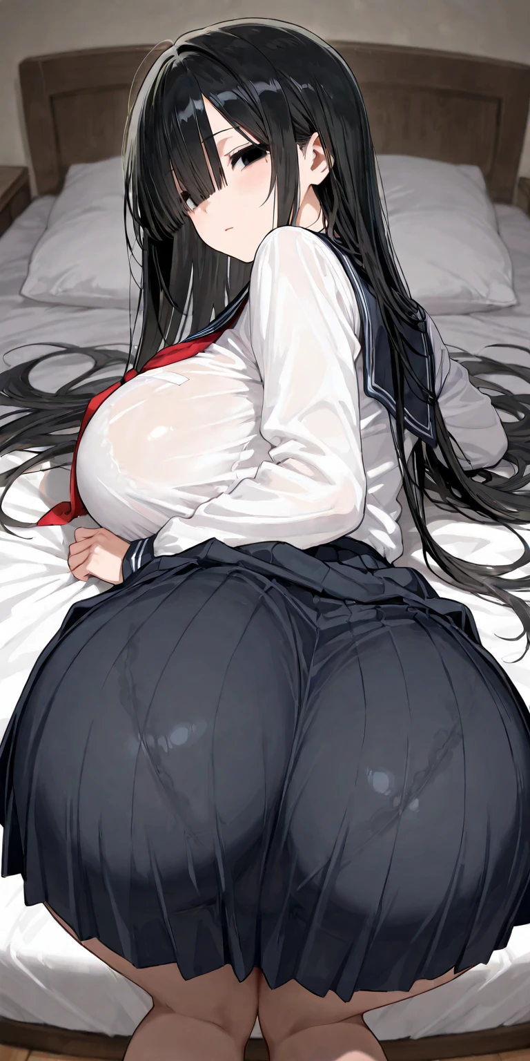 high quality, no errors, anime style, solos, 1 woman, very beautiful, seductive, huge breasts, huge fat ass, very thick thighs, wearing a loose shirt and only panties, very long black hair, green eyes
