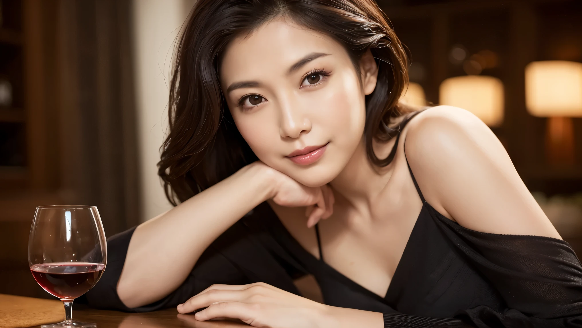 masterpiece,highest quality, (1 mature woman), ((portrait:1.5)), ((sight:-0.5)), compensate, elegant black shirt, my chest hurts, ((Temptation performance)),