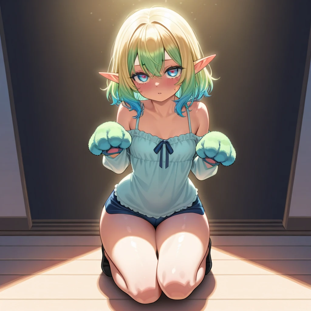 1,(1boy:1.5),13-year-old:1.5,ager,femboy,Libido boy,Female physiognomy,elf,(elf ears), (blonde archer),
littlittle boy,boynly,,1boy,male gender))),
((blonde hair:1.5,short detailed hair,short blonde hair with a braid,braid adorned with white flowers)),(((turquoise_eyes:1.3))),intricate eyes,beautiful detailed eyes,symmetrical eyes,big eyes:1.5,child's chest,((kid body,a little chubby,good anatomy,accurate body proportions,detailed shota body for young boy:1.3,))),
((((nsfw)))),cute,((happy)),
((cheeky panties)),((nice round butts)),sexy,((wet body)),
show skin,((brown wolf fur coat)),(bandages on his hands),(moon earrings),((turquoise panties with a wolf fur sarong brown)),(tiny bulge on panties),(ornamental bandages on his chest and arms),(((slave collar,Long chain leash connected to her collar,shackles))),(((torn clothes:1.1,intricate outfit,intricate clothes,sexy clothes))),
(erotic pose:1.0),embarrassed,(centered,scale to fit dimensions,Rule of thirds),
inside,indoor,((subsurface,labyrinth,dungeon,dark dungeons,stone walls, deep empty caves,ancient glowing crystals,elaborate underground structure,columnar crystal formations,subterranean fantasy,illuminated pathways leading deeper,hidden door veiled in shadows)),scenery:1.25,((intricate scenery)),
(Glossy glowing ornaments),highres,sharp focus,(ultra detailed,extremely detailed),(photorealistic artwork:1.37),(extremely detailed CG unity 8k wallpaper),(((vibrant colors,vibrant theme))),(intricate),(masterpiece),(best quality),artistic photography,(photography taken by sldr),(intricate background),perfect rendered face,perfect face details,realistic face,photo realistic,((intricate detail)),(((realism))),