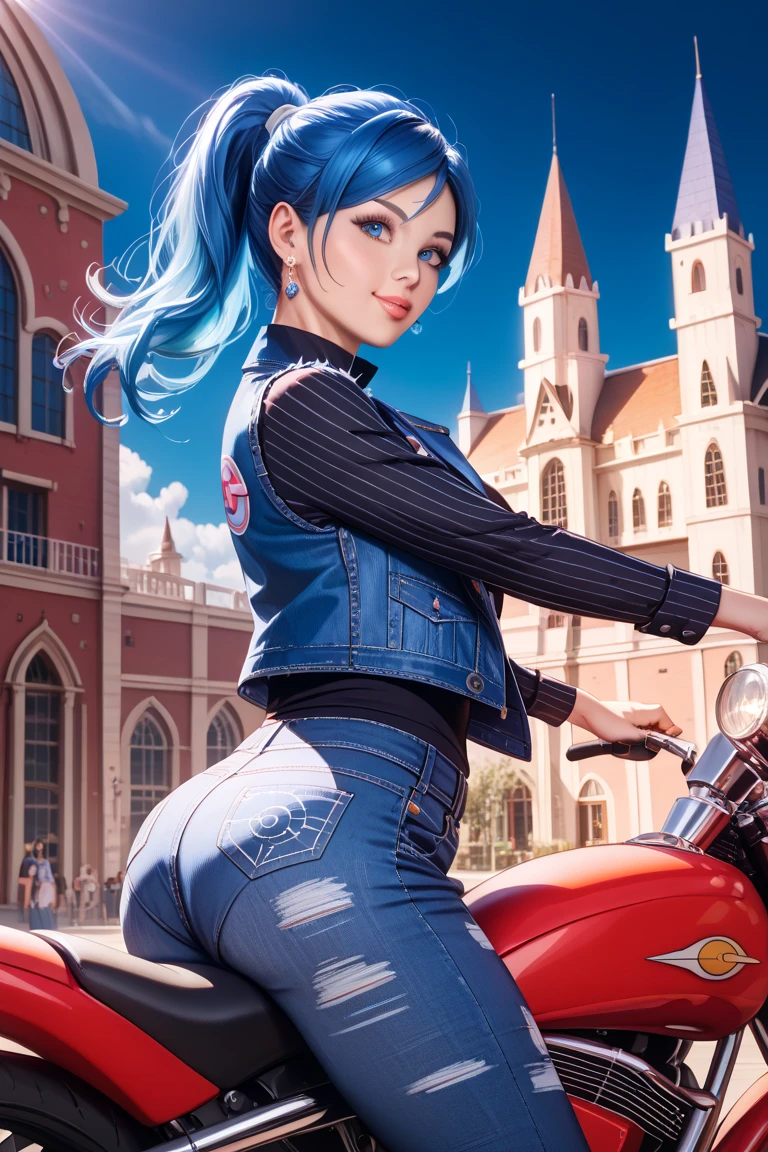 solo,masterpiece,best quality, 1girl,motorcycle,tight pants, <lora:Motor:1>,(ass),riding,driving, black_gloves, blue_eyes, blue_hair, earrings, gloves, jacket, jewelry, long_hair, long_sleeves,, necktie, official_alternate_costume,shirt, solo, white_shirt <lora:Ling:0.6>