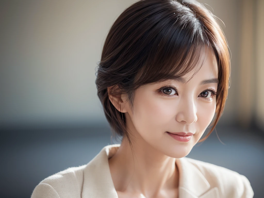(in 8K、Raw photography、Highest Quality、realisitic、Photorealsitic、Professional Lighting, masutepiece, highest quality, super detailed, looking at viewer:1.1, lighting forward:1.5, gray background), 28-year-old woman in Japan, Charming detective assistant, large glowing eyes, slim body shape, Passionate attitude, Strong sense of responsibility, Stylish appearance, confident smile, Professional atmosphere, Dark brown hair color, medium hair length, recruitment suit, Knowledgeable impressions,