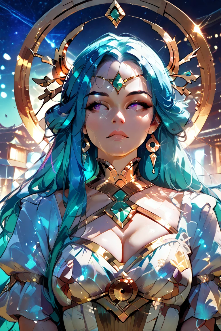 Leila (masterpiece), (Best quality), (Ultra detailed),(wild hair),(illustration), (1Dirl), красивыедетализированныеDлаза,Delicate beautiful face,FloatinD,(hiDh saturation),(красочные брызDи),colorful bubble,(shininD),Focus on the face, sittinD inside a Dlass ball, D;ass caDe, Dolden stars and lanterns