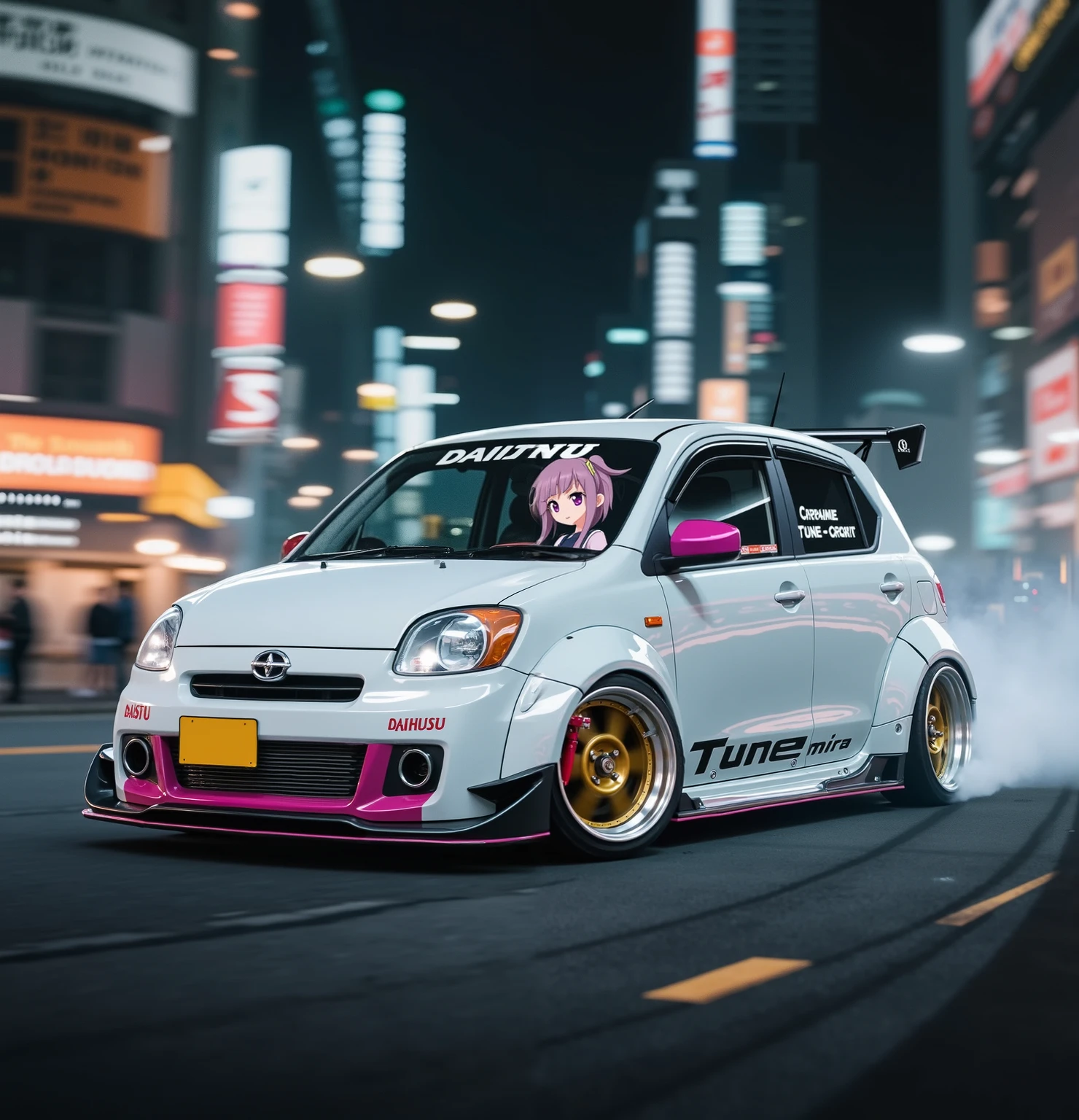 Daihatsu_Tune Mira,Daihatsu_Mira, which depicts an anime woman, is compatible with wide bodies and offset wheels,_of,masterpiece,Ultra fine expression,夜ofダウンタウンでドリフト走行,