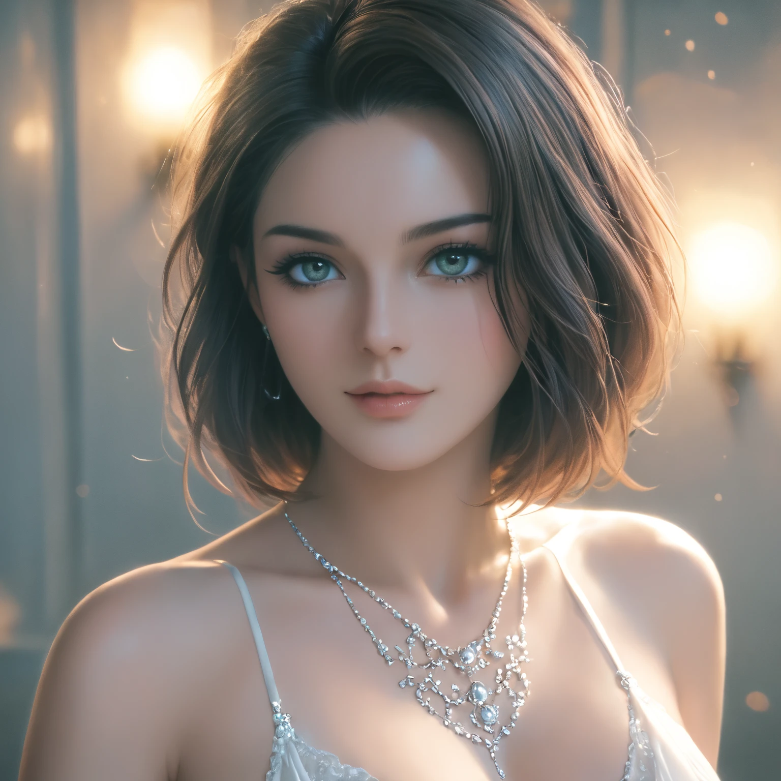 As a Yael Shelbia, realistic photography, photorealistic, realism, contrast, photography, masterpiece, Final fantasy's Like, ethereal beauty, ethereal, ultra realistic, 3d, 3d rendering, porcelain, Best quality, human anatomy, real hair, short hair, Asymmetrical Cut Hair, moving hair, huge breasts, human anatomy, posing for photo, translucent, (ethereal, Dream), formidable, 8k wallpaper, Realistic Textures Dramatic Lighting, Trending at Art Station Cinestill 800