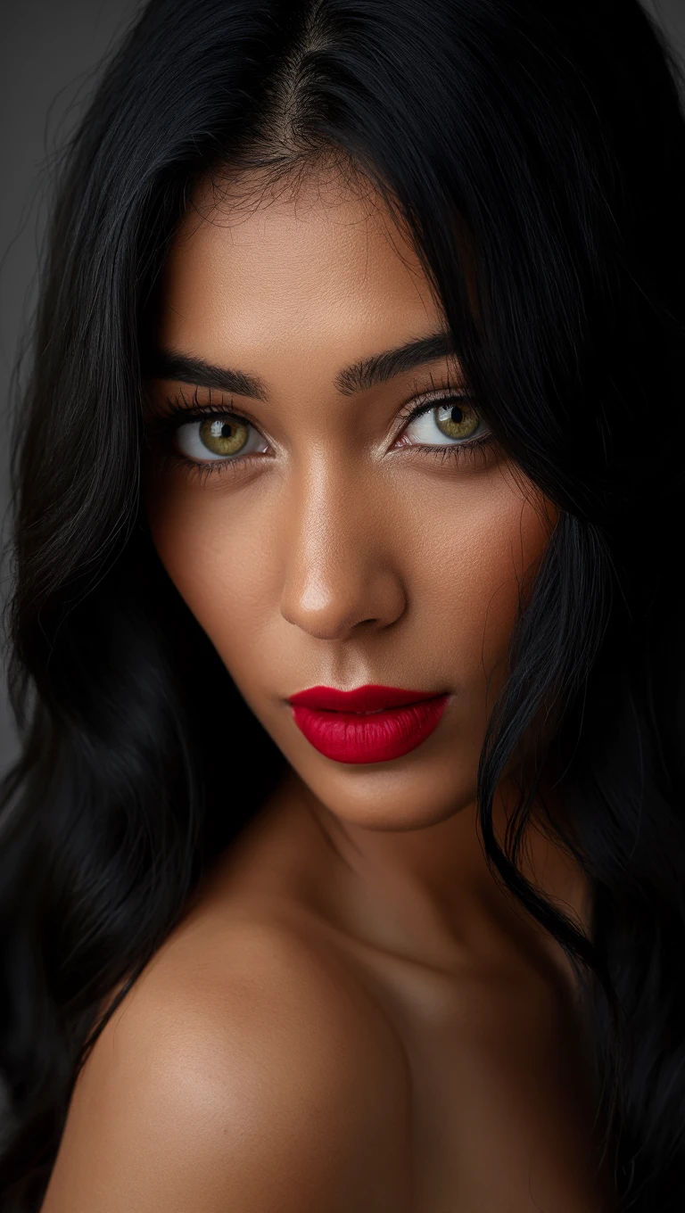Woman in red lingerie posing for a photo, full body photo, dynamic and sexy pose. fine details in everything, a beautiful woman, beautiful Latin face, Brazilian supermodel, stunning beauty, stunning, Angolan descent, most beautiful woman in the world, jaw-dropping beauty, young adult 30 years old, She has an exotic beauty, native Brazilian , tall woman, a stunning black African woman, with indigenous features, beautiful indigenous girl, ((An indigenous African girl with European ebony)), ((her beauty is undeniable)), beautiful young ebony girl with dark skin, tanned Mexican. *hair: Straight black hair, Voluminous black hair, long black hair, straight black hair, big and straight, no curl. *eyes: eyes are green and expressive, beautiful green eyes, realistic green eyes, detailed green eyes, ultra realistic , symmetrical, hyper realistic, (eyeliner, long eyelashes), intense and penetrating look, seductive, mysterious and charming look, the look has magnetism, attraction and fascination.* Eyebrows: perfect eyebrows that arch gracefully above the eyes and are thick. * the nose is small and proportional to the face and smooth contour of the face that accentuates the high cheekbones. *Mouth: Attractive and irresistible mouth, lips are well defined, full lips, voluminous lips, seductive lips, captivating, striking, unforgettable, mischievous, sexy, her features are captivating, seductive expression, a seductive smile is enigmatic*Face Shape: The face is oval, with high cheekbones and a well-defined jawline, beautiful and detailed face.*Makeup: Makeup is subtle , but enhances natural features.Skin Tone: Skin is olive, with a healthy, even glow, with brown skin, brown skin, sexy girl with dark skin, detailed skin texture, Beautiful and glowing skin, intricate details, skin smooth, healthy and radiant appearance.*healthy body: slim and attractive woman, large and firm breasts, athletic body, thin waist, wide hips, big butt, thick thighs, shapely legs. Resolution: 3D 4k, high