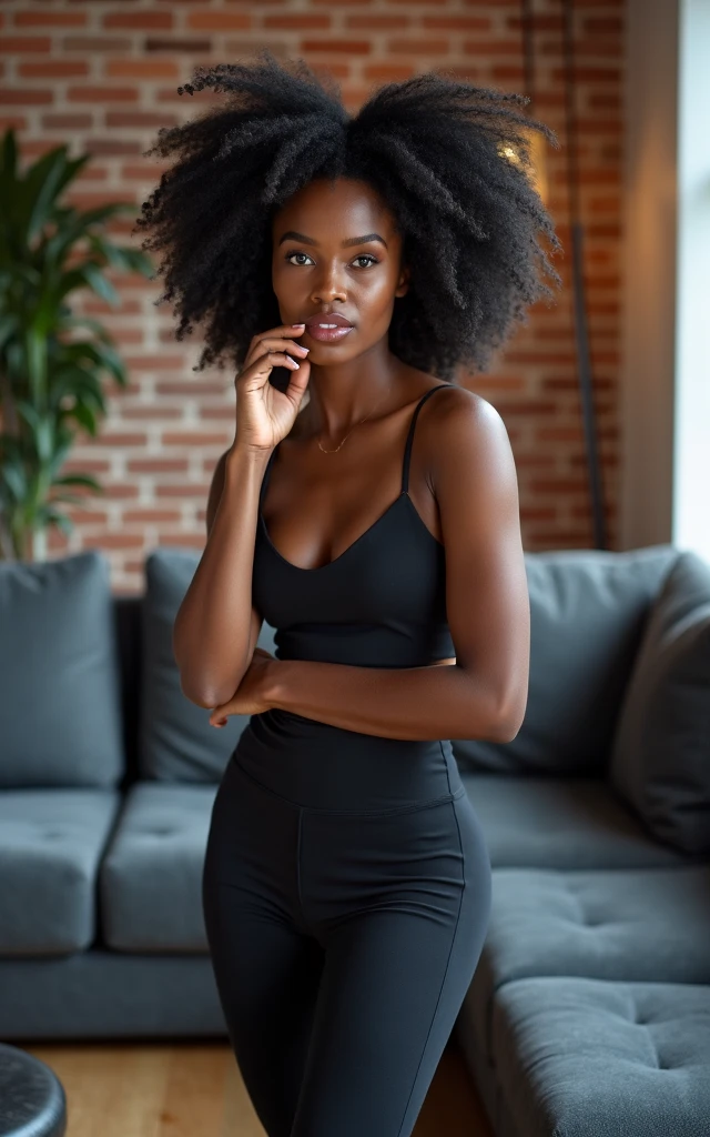 I want a photo of a sexy black girl with a well-formed buttocks, well-rounded breasts, attractive for a poster, in the form of a shautting photo sitting on a chair with a strange position, holding "a condom" with a smile facing the camera