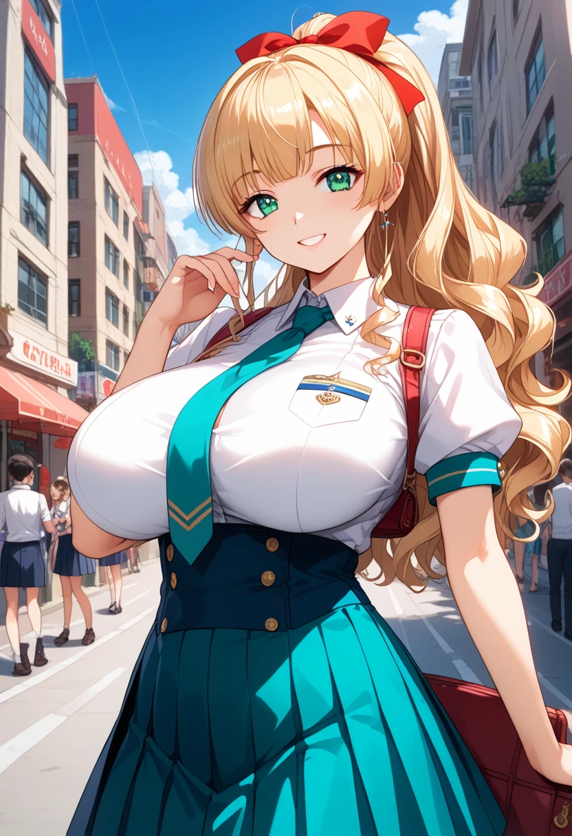 8k(high school girl:1.5),8k(uniform,blazer:1.5),woman,Huge breasts,Huge breasts Huge breasts,とても唇が赤いHuge breastsを強調,Big Ass,Narrow waistLong legs,Green Eyes,
Huge breasts,Huge breasts, Huge breasts,とても唇が赤いHuge breastsを強調,Big Ass,Narrow waist,Long legs,
Greenish blue eyes 8k( A relaxed smile:1.5)Anime-style face, good facial expression, splashing sweat