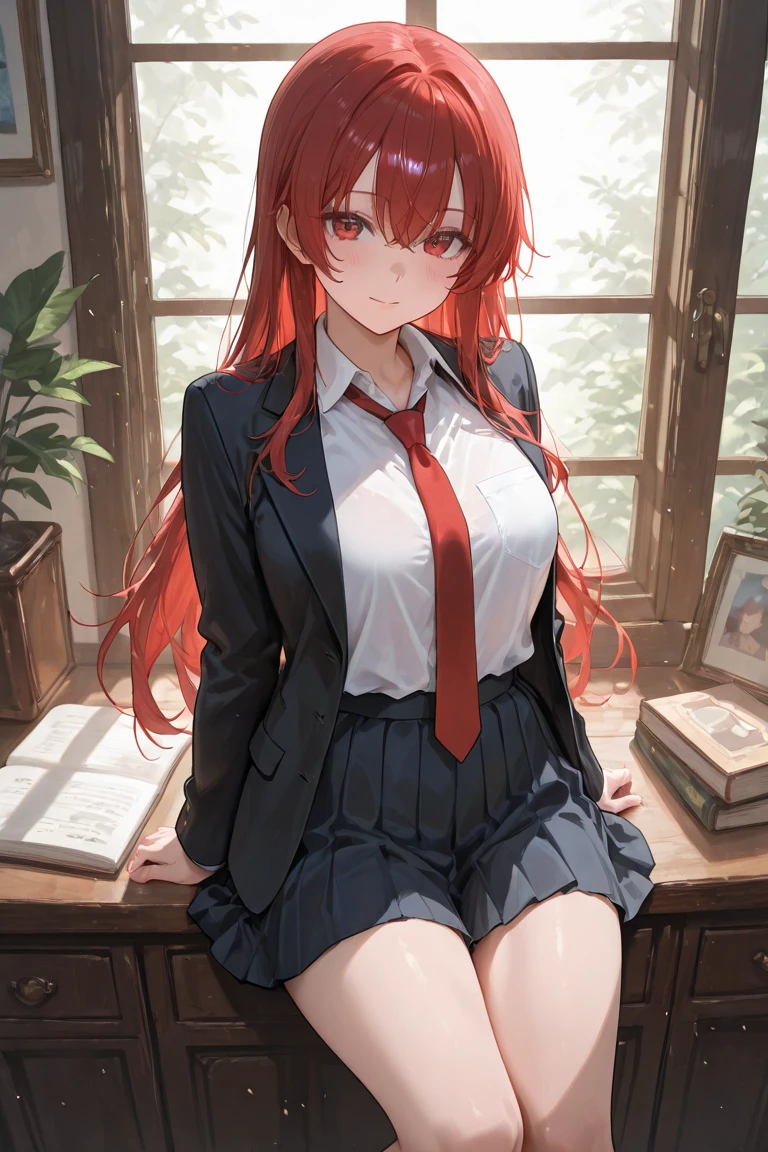 1Young girl,Makima , school girl, red hair, bangs, hair, red eyes, white shirt, black pant, long sleeves, young