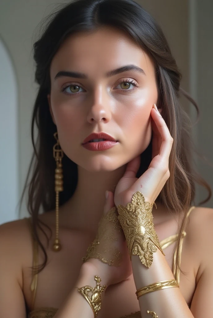 An otherworldly fashion model emerges from a mirror, radiating ethereal beauty. Her alabaster skin is adorned with intricate metallic markings, catching the light in a breathtaking display. Her eyes, an iridescent kaleidoscope, captivate with their hypnotic depth. Surrounding her, thorny vines intertwine with delicate petals, blurring the line between nature and artifice. A striking balance of strength and vulnerability, she exudes an air of mystery, inviting viewers to delve into her enigmatic story.