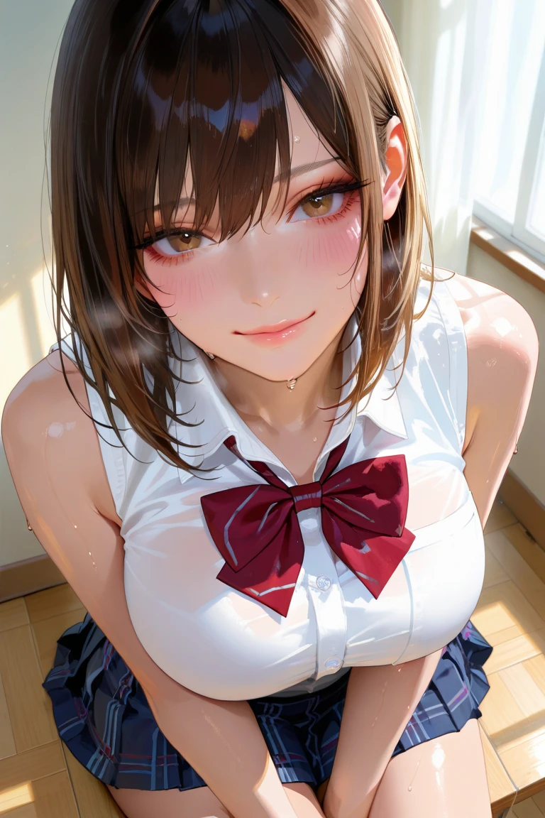 (8K high resolution), (Highest quality), (RAW quality),(Tabletop:1.2), (Realistic), (Realistic:1.37), ,Big eyes,Long eyelashes,1 girl, single, alone, pretty girl、Upper body photo、((Beautiful eyelashes, Realistic eyes)), ((Detailed face, blush:1.3)), ((Smooth texture:0.75, Realistic texture:0.65, Realistic:1.1,)), Small breasts, Dynamic Angle, Perfect body, ((Red bow tie, , , White open shirt:1.5)), ((Average appearance:1.5))，((Upper body photo:1.5))、(Small breasts:1.5)，(Skinny girl:1.6)，(Baby Face:1.3)，(Young Face:1.8)，(very young body:1.5)，(chest exposed through open shirt:1.6)，(Nearly naked:1.6)，(sexual expression:1.6)，(your breasts are fully visible...:1.5)，(Young pink nipples visible:1.5)，((Gal-like brown hair:1.5))、(Oily, Glowing Skin:1.5)，(13-year-old junior high school student:1.6)，(please lift your chin:1.5)，