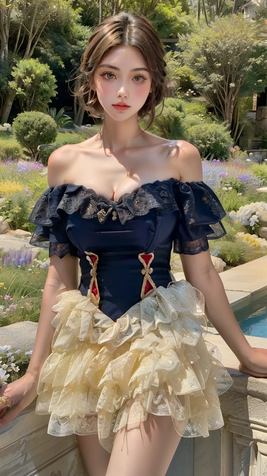 (masterpiece, best quality, high resolution, 8k:1.2), highly detailed, sharp detailed, textured skin, soft lighting, ultra high definition, beautiful body, beautiful skin, beautiful breasts, beautiful legs, beautiful hands, perfect hands, beautiful face, beautiful eyes, symmetrical eyes, (symmetrical eyes), slim, slim body, 1 girl, solo, American, (20 years old), (mature face:1.2), (blonde:1.2), short hair, (false eyelashes), (large breasts:1.2), (off shoulder dress , lace-trimmed dress , bare shoulders , frills, cleavage) , (garden) , (cowboy shot:1.2) , (looking at the viewer),