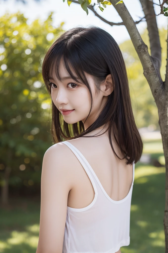 beautiful japanese girl 14 years old (whole body:1.5) detailed bright black hair short twin tails Asymmetrical bangs big magical eyes Detailed moisturized eyes pale pink lip relaxed smile smooth soft skin white sleeveless shirt Young body Black shorts Detailed and perfect clavicle High resolution chest Countryside riverbank walk in a shallow river The white bra is visible through the shirt professional lighting Professional photographer