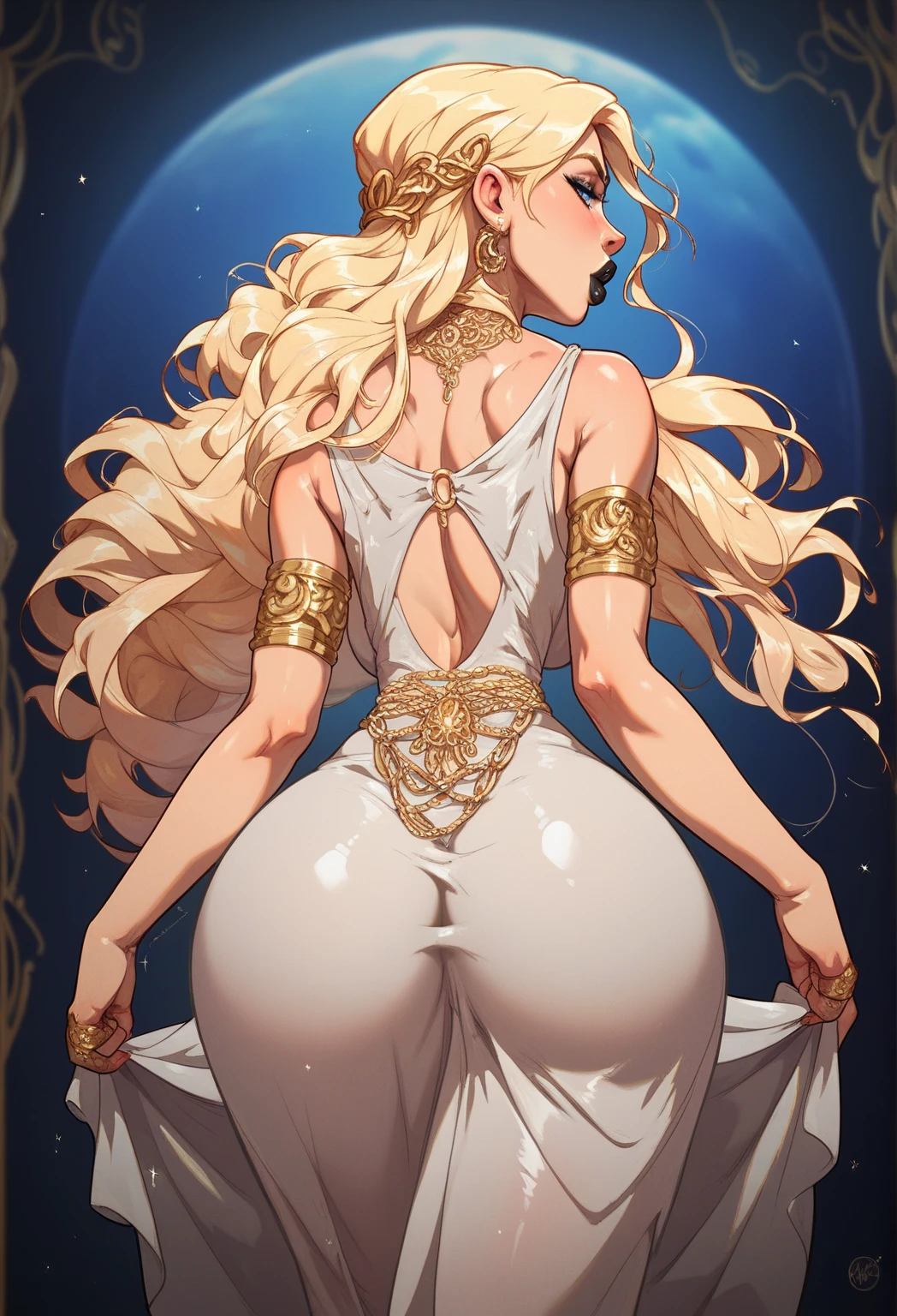 ((ngực to tròn eo nhỏ big butt bự ))hair: Platinum, long and maybe a little wavy. Eye: by that, cold and sharp look. body : Big round breasts , is tuna , big butt , Leggy . Egyptian clothing . body : standing straight , wear a pair of long black socks , Accessory ; wear a necklace ,bracelet, gold anklet
