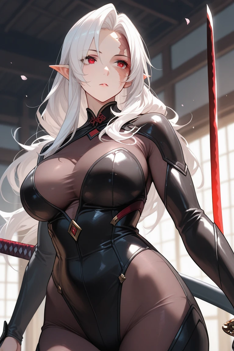 elven girl,dynamic pose,fight,kick,silver long hair ,large breast,BREAK,navy polyester leotard,cutout between underboob,black short sleeves,BREAK,boots,red long gloves