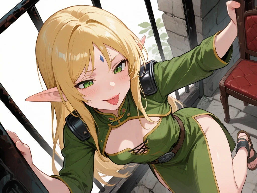 (masterpiece, official art), 1girl, elf, eva elfie, blonde hair, long hair, twin_low_braids, leather bustier, green skirt, leather boots , slim, yellow eyes, dark skin