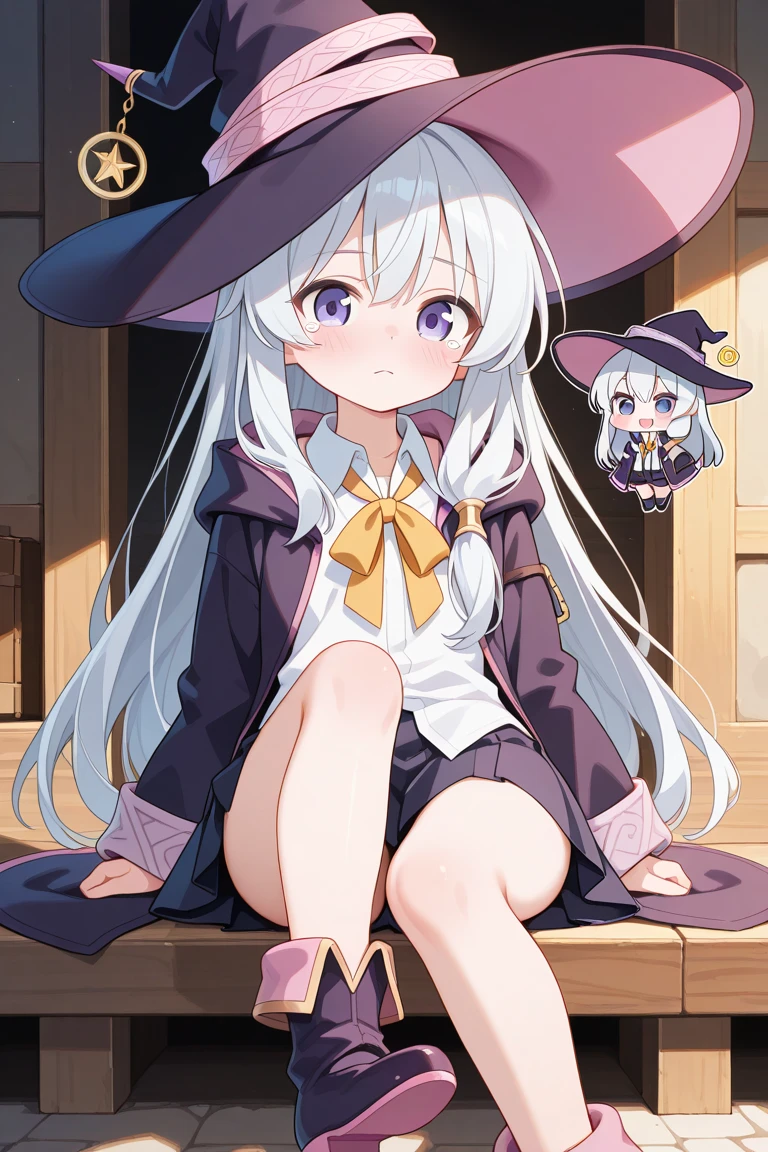 Masterpiece, hd, best quality, detailed, elaina \(majo no tabitabi\),purple eyes, grey hair, white hair, long hair,witch hat,collared shirt,robe,wide sleeves,pleated skirt,frilled skirt,pointy footwear, squatting, outdoor, village, fullbody, blush, shy, embarassed, peeing, pee, pee stream, puddle of pee, puddle of pee under feet, pee stream, yellow pee, pee stain on clothes