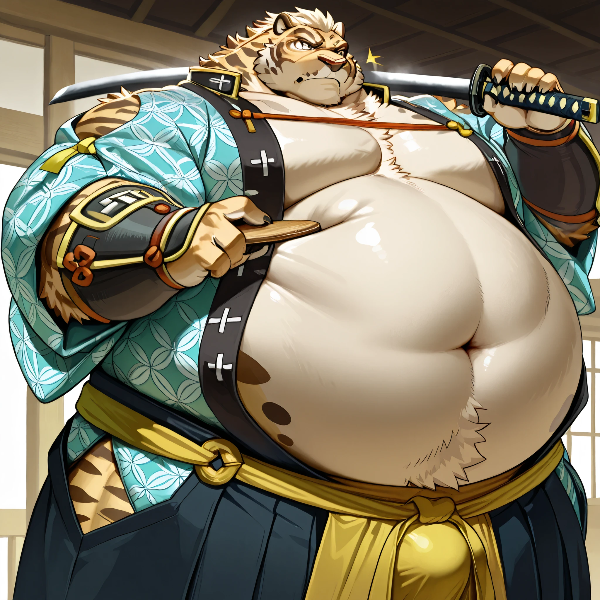 Male Furry ,,armour, kimono, Hakama, very fat, Japanese suit, male, Samurai, very huge belly, fat character, bangs, masterpiece, MasterFul , high definition, , obesity , huge body, japanese clothes, Hakama, one colour kimono, maple on clothes, thick shoulders, East Asian architecture, curvy body, fat, Fat legs,, fat belly, fat thighs, obese male ,((BULGING BELLY)) , ((portruding belly)) , ((fattened belly)) , (((extremely huge gut)))、holding a Japanese sword in both hands and holding it up, one sword, serious expression,thing,huge bulge