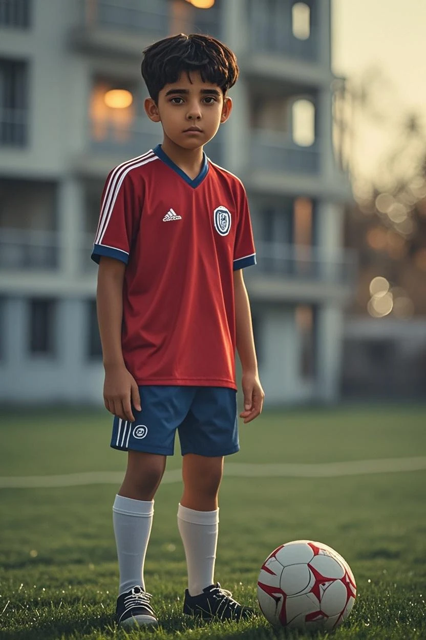 menino de 6 anos castanhos escuro com uniforme de futebol cabelo estilo militar