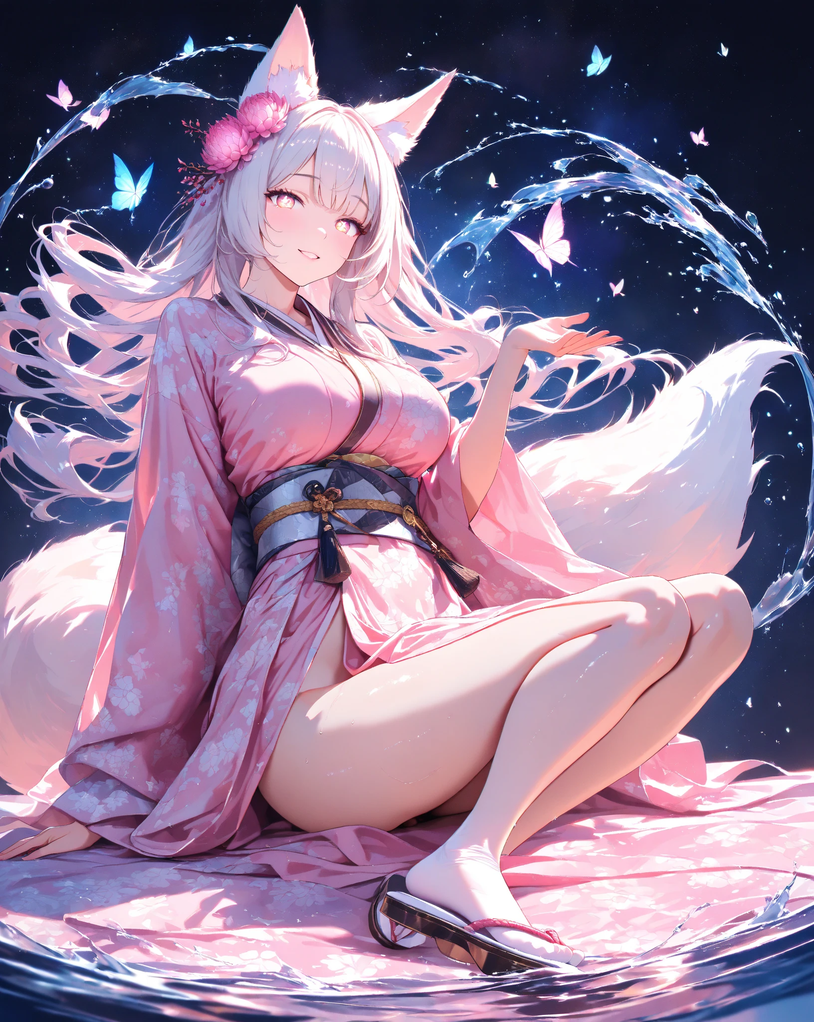 One naked 27-year-old woman relaxing on futon in Japan inn、White lob hair with blue-violet mesh、Blue eyes with highlights、Looking at me with a smile、Large witch hat with sapphire accessories、nudde、fullnude、B cup breasts、toppless、bottom less、R-18、Eromanga、Hentai anime、nipple looks,Long Bob Hairstyles、I'm not wearing anything、not wearing anything、I can see the female genitals、she is inviting、she is seducing,temptation,I'm seducing you by spreading my crotch