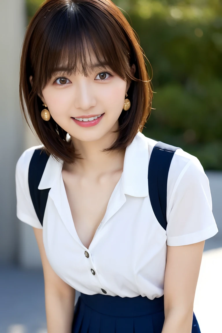 nsfw, 8K raw photo, Best quality, masterpiece, ultra high res, film grain, filmg, 1girl, looking at viewer, natural skin texture, realistic eye and face details, full lips, lipstick, (makeup), red eyeshadow, fluffy short hair, messy hair, smile, close mouth, beautiful legs, tall female, skinny, slim_legs, solo, enormous breast, cleavage, Pose with buttocks facing you, ultra short skirt, ass, shirt, beautiful nature location, around flower location, (detailed background), plaid skirt, white shirt, enormous breast, cleavage, Show a little cleavage through the shirt, loafers, blurry background, blurry, holding, plaid, short sleeves, jk ribbon on the neck, jk ribbon, brown hair, bracelet, water, bangs, school uniform, jewelry, parted lips, lips, from side, pleated skirt, depth of field