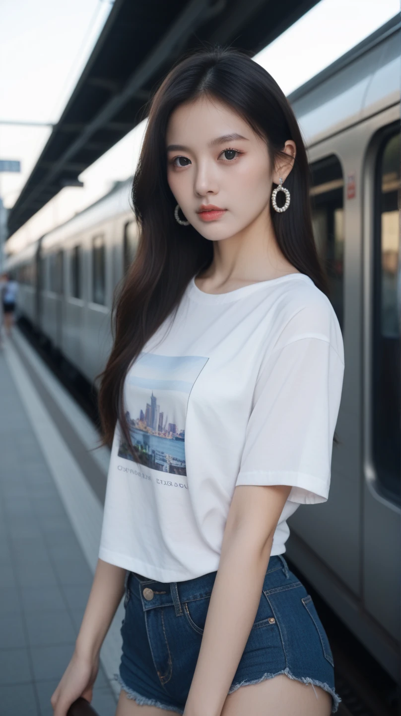 ((Midnight, Best quality, 8k, Masterpiece :1.3)), Whole body, Long legs, Sharp focus :1.2, A pretty woman with perfect figure :1.4, Slender abs :1.1, ((Dark brown hair, Big breasts :1.2)), (White tight tshirt, Jean bib, Standing:1.2), ((Night city view, Rooftop:1.3)), Highly detailed face and skin texture, Detailed eyes, Double eyelid