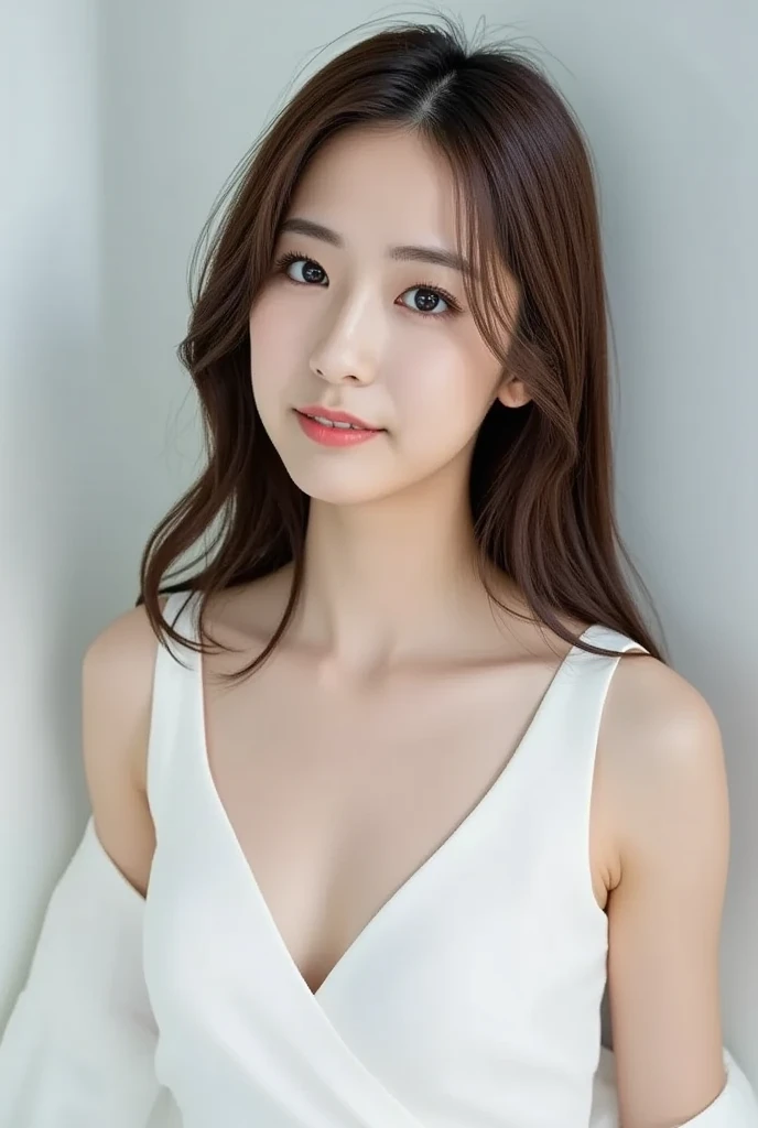 8K, 超High resolution, Highest quality, masterpiece, 三分割法によるphotograph,Surreal, photograph, 1 girl, (16 years old:1.3), pretty girl, Cute face, Beautiful eyes in every detail, 細かくdetailedに,masterpiece,, One Girl:1.2, Japan Female Announcer,whole body、Black Hair、well-groomed eyebrows、Cute Lip Makeup, European Fashion、(masterpiece、Highest quality、Realistic、High resolution、photograph:1.3)、close、I focus、Hot Model、slim、erotic、Sexual vision、slim、shirt、Long sleeve、Hide your chest、Beautiful eyes in every detail、Glossy Lips、Small breasts、((Bright light、Dynamic Lighting、Genuine、超Genuine、 realism、Genuineなディテール、Cool Beauty、Cool pose,Cute gestures、so beautiful,A carefree smile,Healing the heart,blunt bangs,Looking at the audience、beauty,Long neck、Laugh a little、Please close your mouth and laugh、(((Ideal body type))),A-cup small breasts :2,、Portraiture:2、Perfect Anatomy、なdetailed、detailed、Surreal、Light and shadow,Strong light