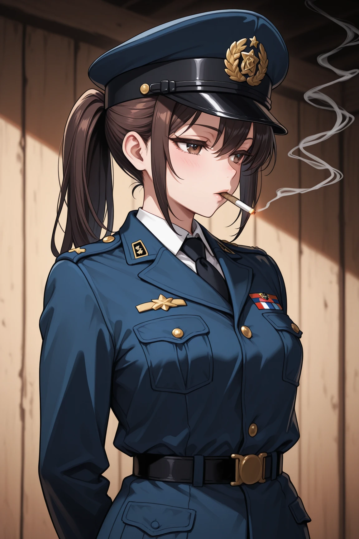 1 girl, brown hair, parted bangs, soldier uniform, military uniform, sleeveless, braided bangs, brown belt, tattoos on arms, scar on cheek, medium large breasts, dark brown eyes, sunglasses, arms crossed, hat military