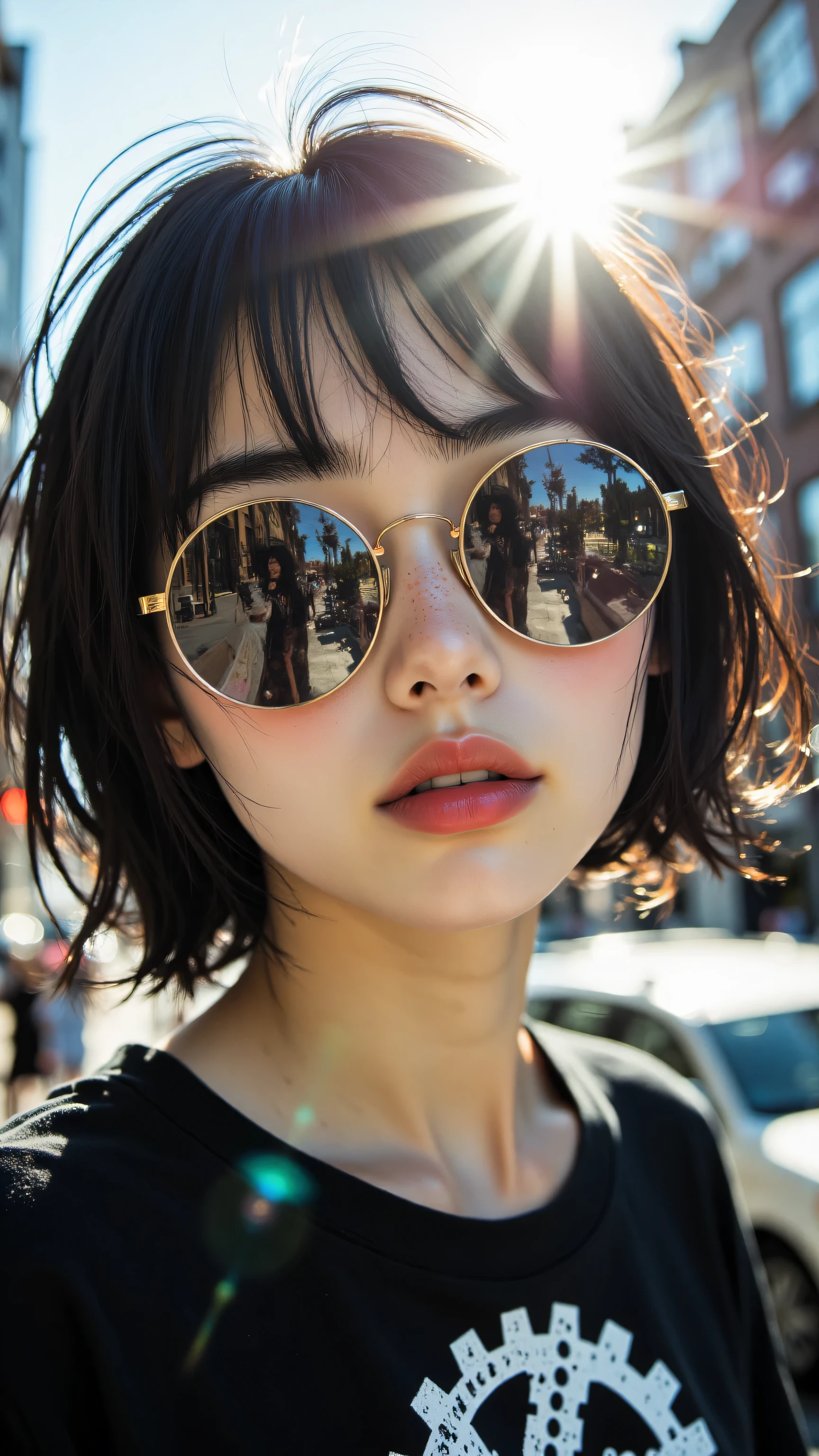 8k, Masterpiece, Top Quality, close-up shot, slightly low angle, woman, short dark bob hair with bangs, face partially obscured by lens flare, eyes obscured by sunglasses, wearing round reflective sunglasses (street scene reflected), dark shirt with white gear pattern, facing camera, blurred street scene suggested, strong backlight, bright sunlight, intense sun lens flare, film grain texture, reflection.