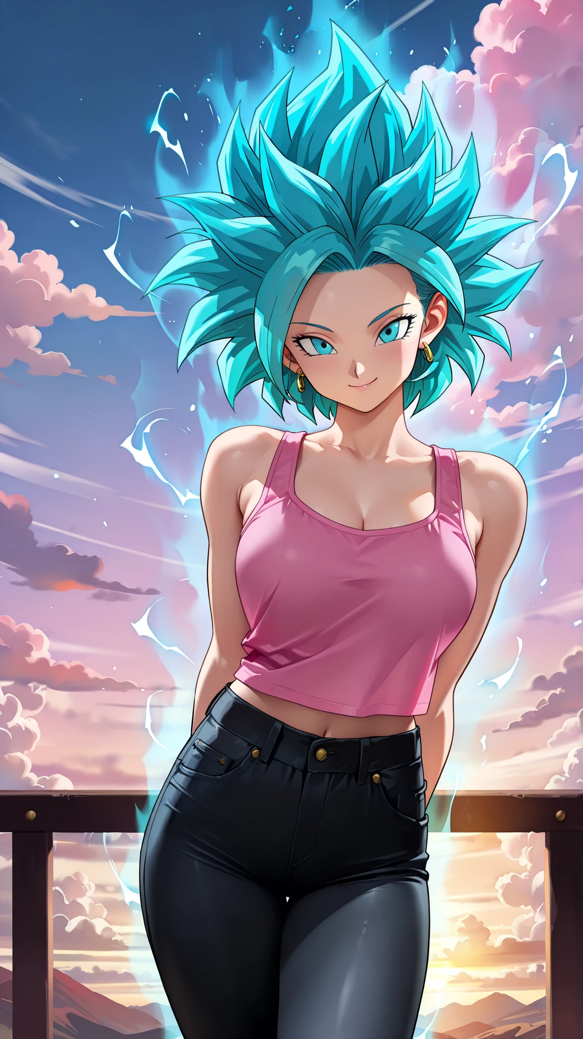 masterpiece, best quality, amazing quality, newest, very aesthetic, 1girl,super saiyan blue,pink tanktop,black jeans,arms behinde her back,leans toward the viewer,looking at the viewer,super saiyan,sky and clouds background,smile,pretty,super saiyan aura,close,blue aura