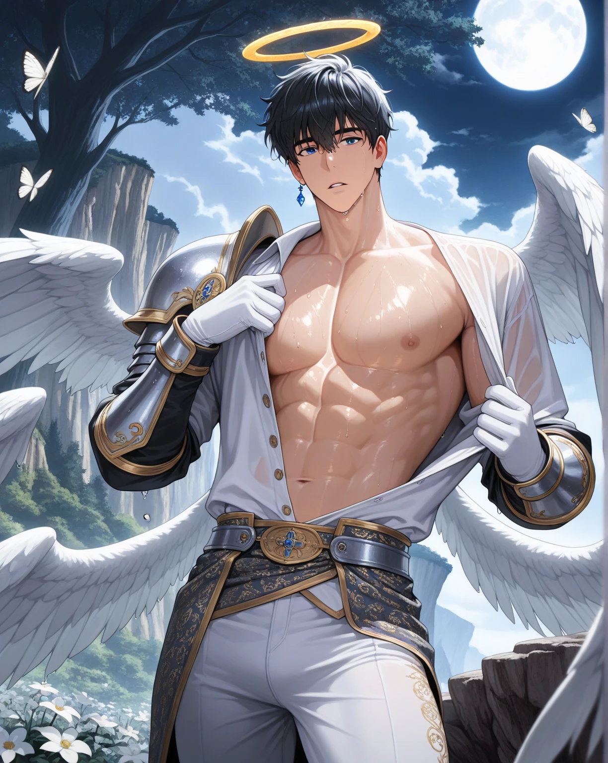 masterpiece, highest quality, (Focus alone), (Perfect Face:1.1), (Attention to detail:1.1),dramatic, ( 2 alluring albino  naked angel guy with long flowing pure white hair and piercing 黒い目 standing close toghether , cuddle, almost kiss, sexy angle cloth ),I can see your abs,Handsome,,Short Hair, night shinning moon background, realistic penis, long big dick expose, perfect pretty penis, cumshot alot semen(white liquid all over), cum on face, cum eatting, 