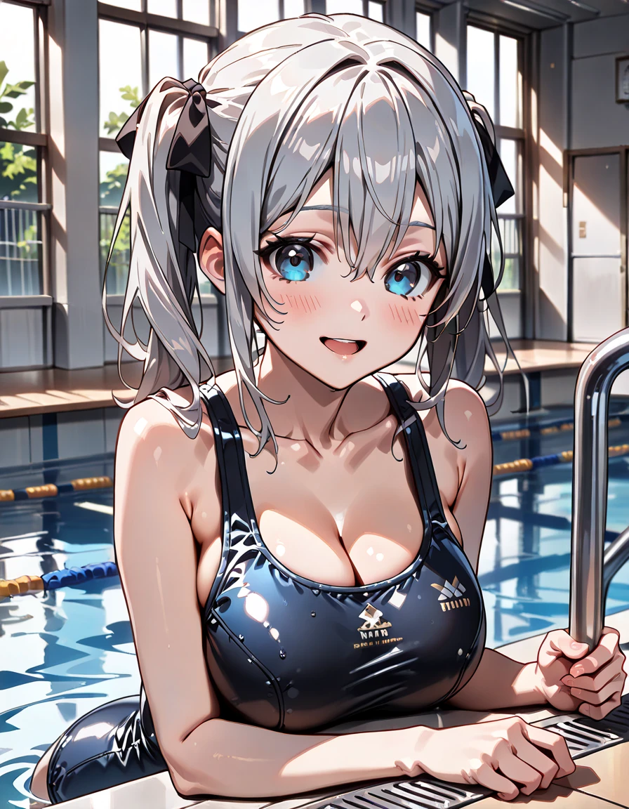 Beautiful fece, ​masterpiece, top-quality, hiqcgbody, animesque, 1girl in, Medium chest, olympic swimmer, Transparent transparent black swimsuit, portrait shot, Look at viewers, Partially submerged, Outdoor pool, (silber hair),(Feline ears),poneyTail,wetted skin, intricate detailes,>,((coverd)