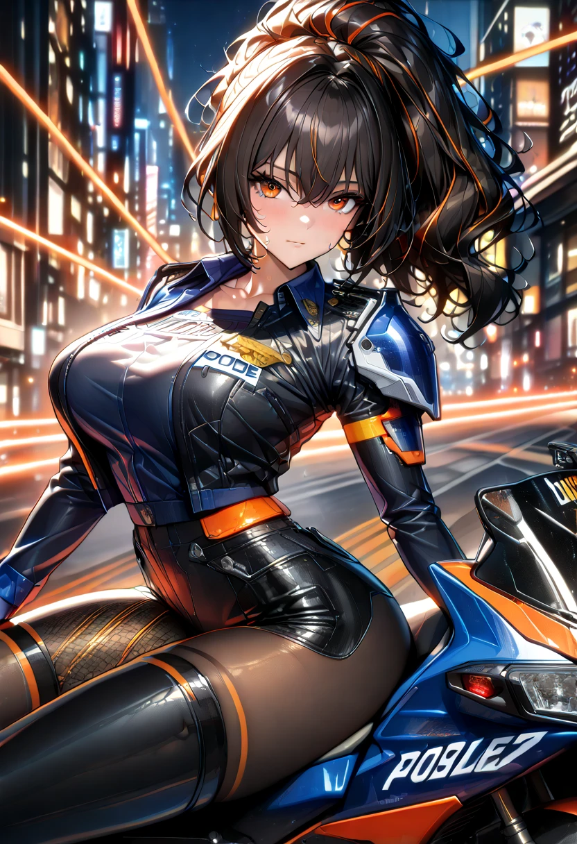 ((最high quality, 8K, masterpiece: 1.3, Ultra HD, high quality, 最high quality, High resolution, realism)) 、(High color saturation:1.0), (Very detailed肌), (最high quality:1.0), (超High resolution:1.0) ,(Realistic:1.0), (Very detailed:1.0), (8K, RAW Photos:1.1), thin、thin, Muscular body'A toned body like an athlete's、Fujiko Mine、I'Top of a skyscraper at night、Nice body、Wearing a black motorcycle jumpsuit、Unzip your pants enough to expose your cleavage