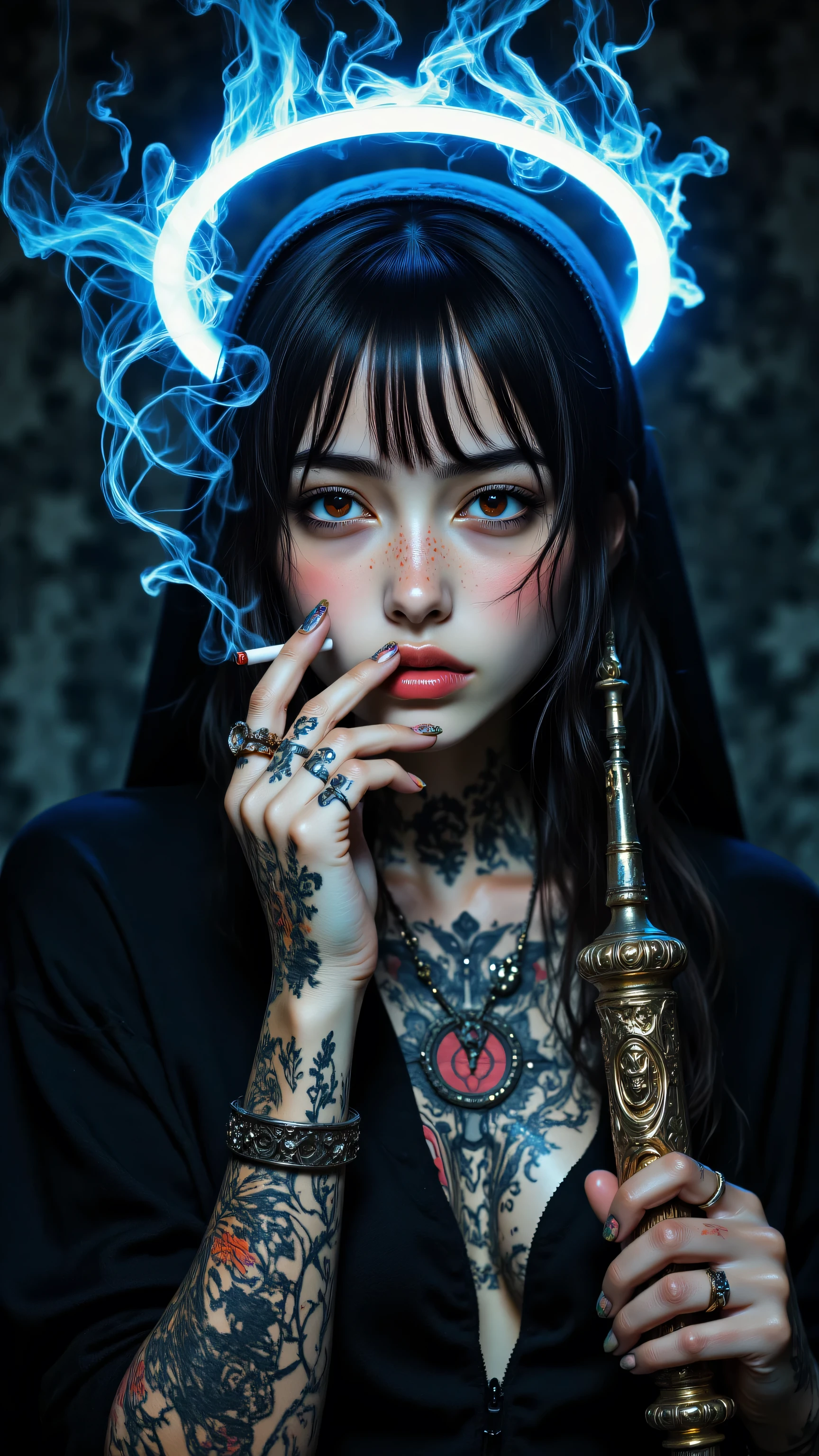 8k, Masterpiece, Top Quality, medium shot, slightly low angle, woman, face tattoos, glowing red eyes, direct gaze, wearing black and white habit, extensive arm and chest tattoos, facing camera, smoking cigarette, stylized smoke, holding ornate metallic object, glowing blue halo above head, dark indistinct background, dramatic lighting, glowing highlights from eyes and halo, rim lighting, contrasting.

