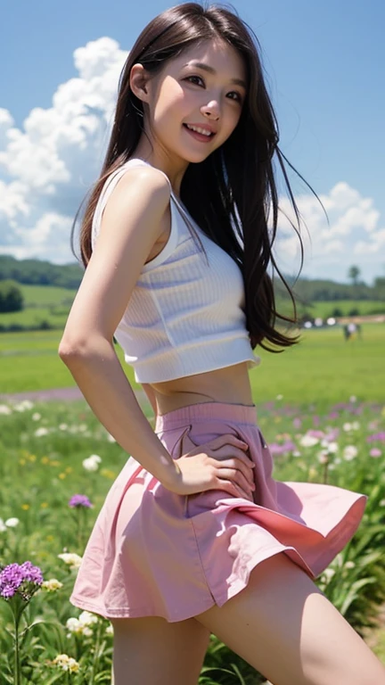 ((best qualtiy, 8K, tmasterpiece:1.3)),Focus:1.2, female high-school student，wooden cabin，（A look of determination）（adolable），delicated face，Long hair waist-length，long hair flowing，Tilt your head，ssmile，Hair details，Delicate Full Body Portrayal，Delicate depiction of the face，Best picture quality，A high resolution，细致背景，Delicate portrayal，exquisitedetails，Rich in detail，Facial strengthening，(crop tops，short  skirt)，with blue sky and white clouds，Sitting Among the Flowers，wooden cabin，There are no bags under the eyes