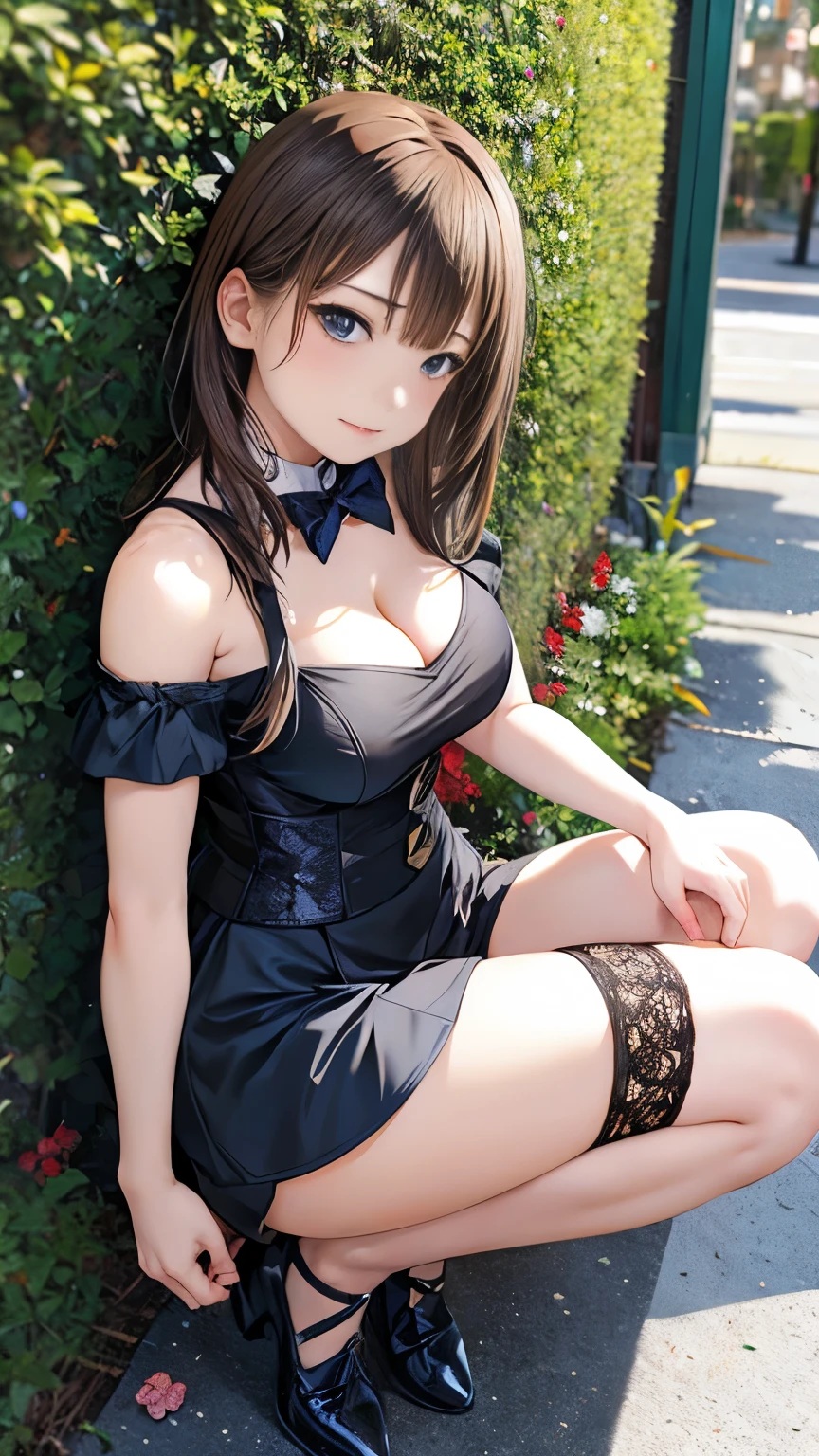 (((masterpiece, Highest quality, High resolution, 超High resolution, Perfect Pixel, Depth of written boundary, 4K, RTTX 10.0))), Beautiful Anime Women, Beautiful art style, Anime characters, ((Smooth texture, Realistic texture, Anime CG Style)), Exact finger count、Exact number of legs、(Exact number of arms:1.0, Exact number of hands:1.0), (Perfect hands, Perfect Anatomy), Cinematic, Realistic, Extremely detailed CG, Daytime lighting, Perfect lighting, Best Shadow, The best natural light, whole body, Perfect body, バランのとれたPerfect body, Perfectly balanced style, (Slender body:1.2), ((Long Hair, bangs, Reddish brown hair, Stylish hairstyle)), ((A cute girl is standing and putting her hands in her panties to pleasure herself:1.8), (Put one hand in your panties:1.8), (fingering:1.8), (pussy juice:1.8):1.3), ((Bow tie around neck, High heels:1.3), (Sexy and cute blue underwear:1.3), (Stylish shiny blue satin panties, Side-tie blue panties, Panties with a plain center and lace decoration on the sides:1.3), (Thin panties:1.3), (Blue micro lace satin bra, Blue bra with lace trim, Thin bra:1.3), (garter belt, Knee socks:1.3):1.3), (Beautiful big boobs:1.1), ((Embarrassed expression:1.4), blush, (sexual pleasure expression, Pleasant expression:1.5), (The expression of someone who is holding in the toilet:1.4), (Look up, Mouth half open, Eyes half closed:1.2), Limit of patience:1.3), (amusement park, Inside the bustling park, Chair, table, Lots of people in the background々, Outdoor cafe:1.5), naked, In underwear, Waitress in underwear, (Frilly maid-like headband:1.2), whole body, Angle from the front