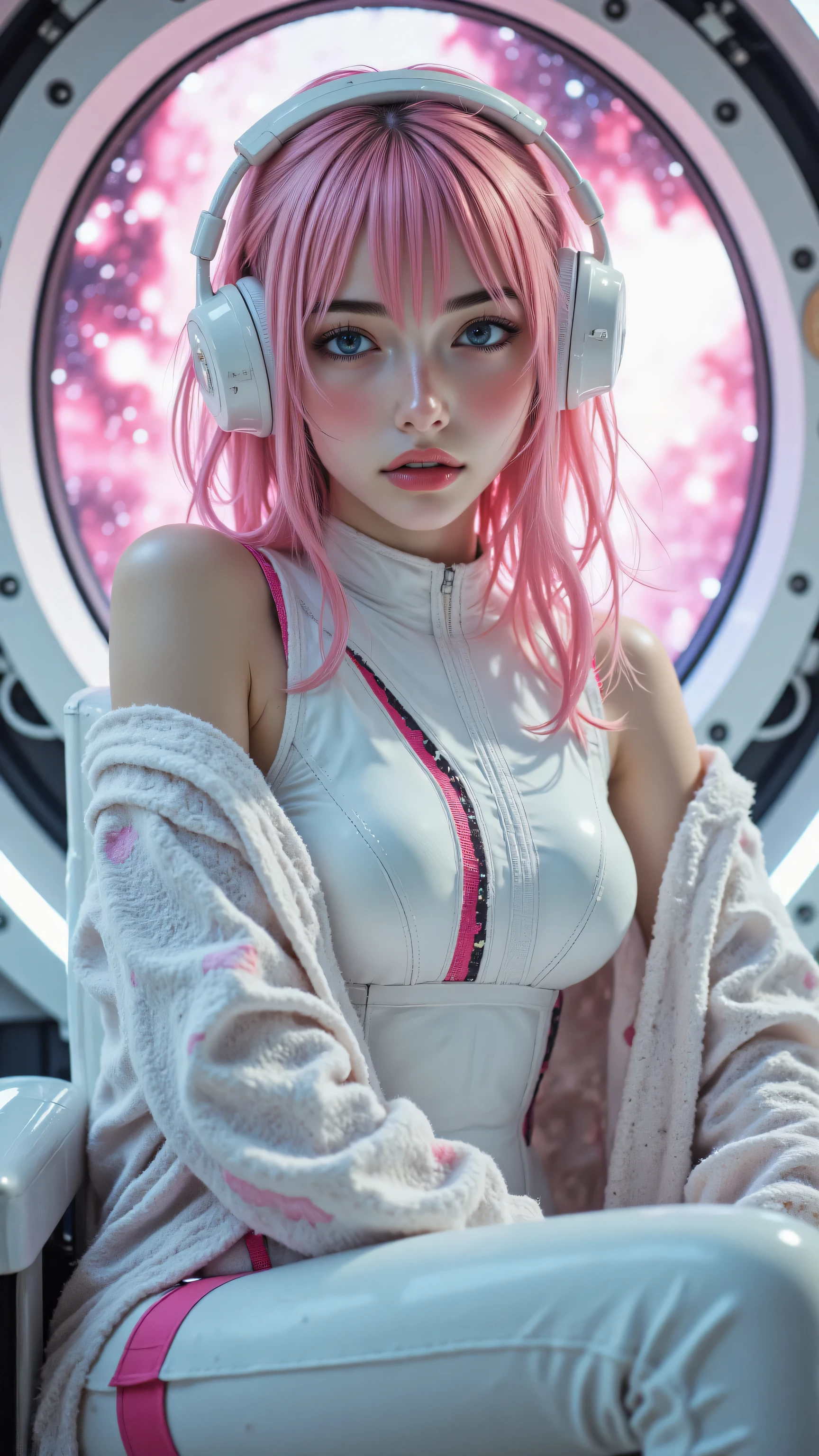 8k, Masterpiece, Top Quality, medium shot, eye-level shot, woman, shoulder-length straight pink hair, bangs, wide expressive blue eyes, wearing white headphones, wearing sleek white futuristic bodysuit with pink accents, sitting comfortably in white futuristic pilot chair, looking slightly away, spaceship cockpit interior, large circular window behind showing glowing pink nebula, soft ambient interior light, pink glow from window casting light on subject, futuristic.