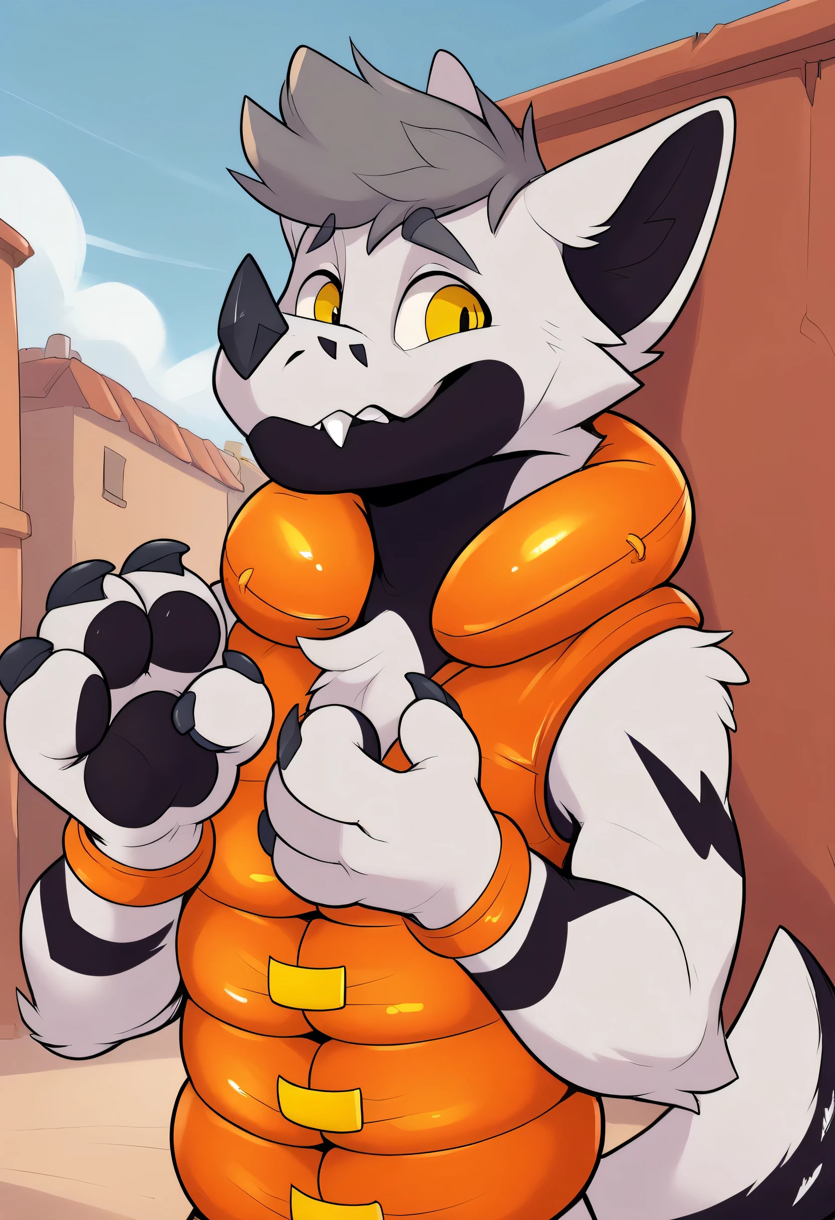 score_9, score_8_up, score_7_up, hi res, 4k, detailed, (best quality), (high quality:1.2), Maver, anthro, white body, white fur, black fur, black markings, yellow eyes, eyebrows, grey eyebrows, hair, grey hair, ears, nose horn, horn on snout, horn on nose, fangs, tail, claws, claws on fingers, two tone tail, black and white tail, body markings, solo, detailed background, outside, half body, life jacket, orange life jacket, bottomless, detailed eyes