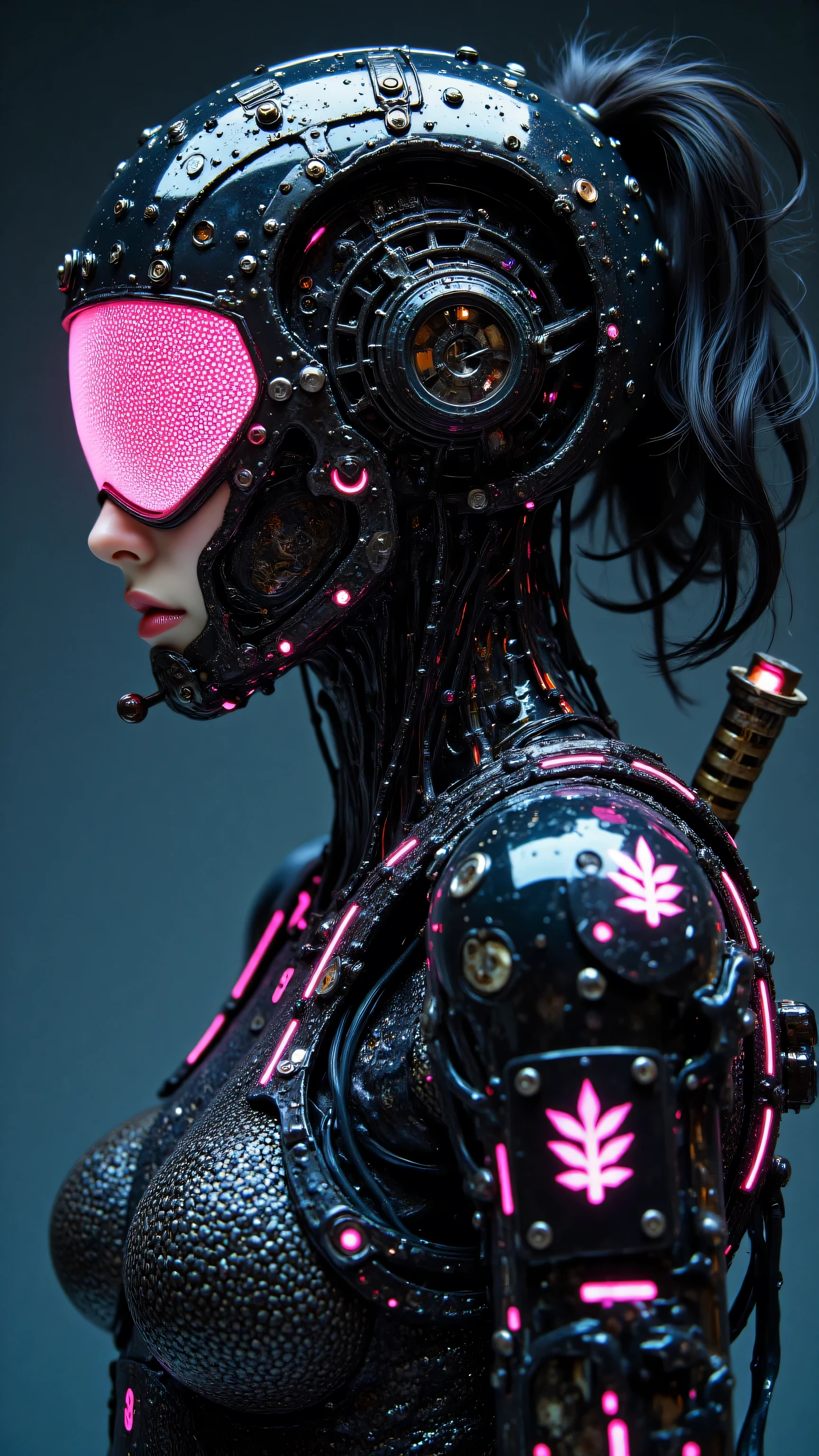 8k, Masterpiece, Top Quality, medium close-up, 3/4 profile view, cyborg figure, wearing complex black futuristic helmet, glowing pink textured visor obscuring face, dark hair tied up, tubes connected to neck, intricate black textured body armor (scale mail texture), pink neon accents, glowing pink symbols on shoulder and arm, katana hilt visible over shoulder, profile view, looking forward, simple dark blue gradient background, ambient lighting, strong neon pink glow from visor and symbols, reflections on armor, cyborg.
