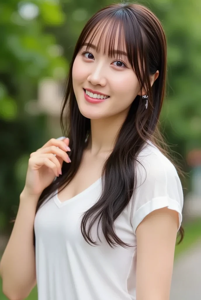 FILMG,depth of field,blurry background,(8k, RAW photo, best quality, masterpiece:1.2),(realistic, photo-realistic:1.37),xiaoyuan,1girl,smile,(teeth:0.8),standing,black shirt,white dress,bare thighs,collarbone,necklace,large breasts,jewelry,bangs,outdoors,<lora:xiaoyuan2-000006:0.8> (pureerosface_v1:0.3), <lora:FilmG4:1>
